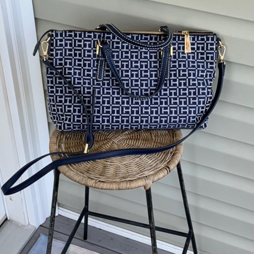 Tommy Hilfiger Navy and White Satchel with Geometric Design